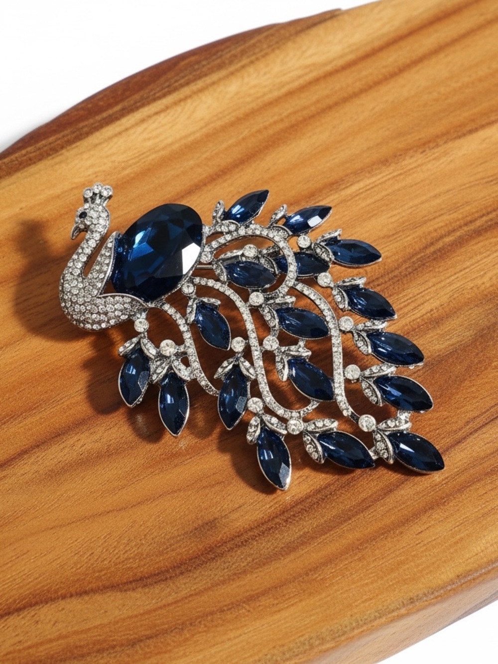 Large Elegant Navy Peacock Crystal Brooch - Women Jewelry